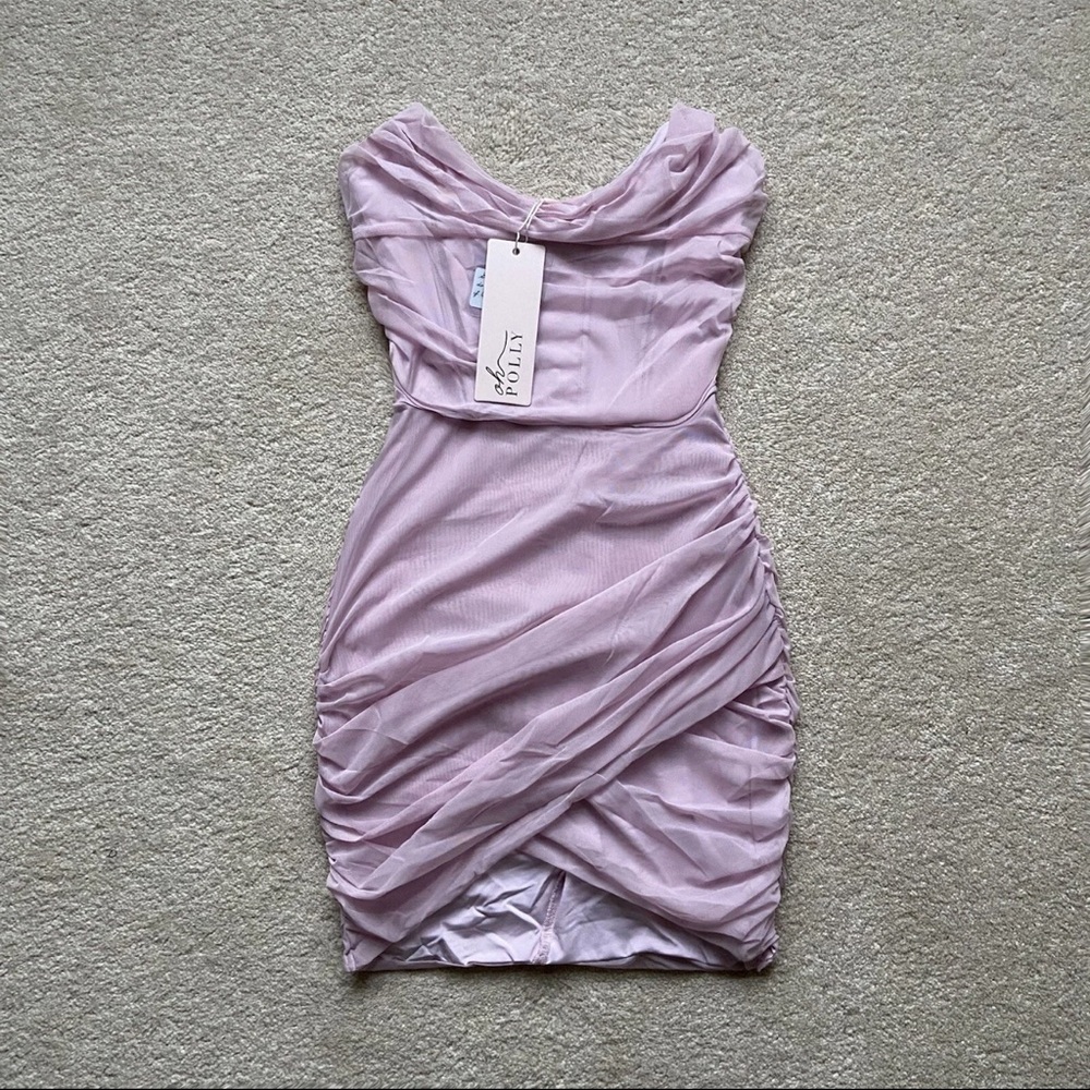 AGAPE LAVENDAR STRAPLESS BANDEAU WRAP ROUCHDD! Mini dress! Size small/ NWOT! - Picture 2 of 8